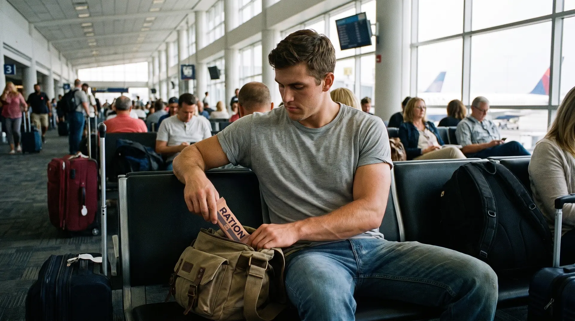 A traveler seated at an airport gate pulls a Ration bar from the messenger bag beside him.