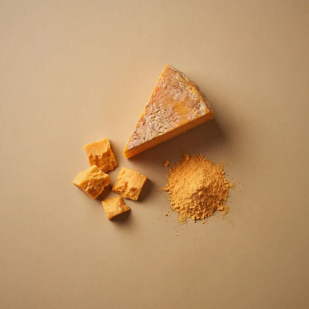 Studio render, close up: a broken wedge of sharp orange cheddar with a dusting of cheddar powder on a neutral studio surface, the cheese behind the R-03 bar.