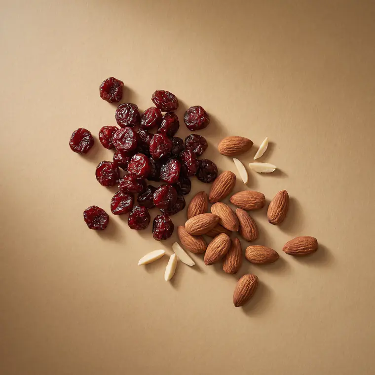 Studio render, close up: dried tart cherries, the R-02 flavor base, on a tan field.
