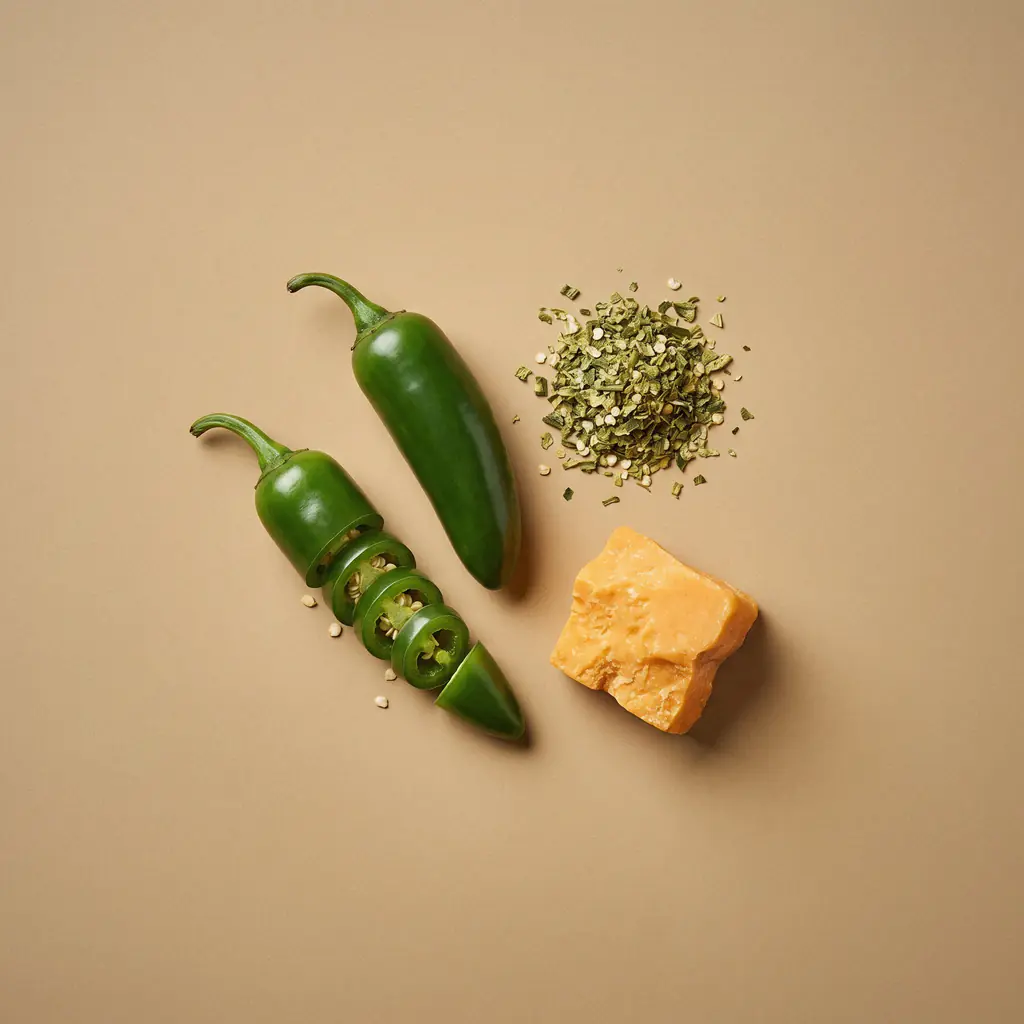 Studio render, close up: fresh jalapeno slices, a wedge of orange cheddar, and a halved lime on a neutral studio surface, the heat, cheese, and citrus inside the R-04 bar.