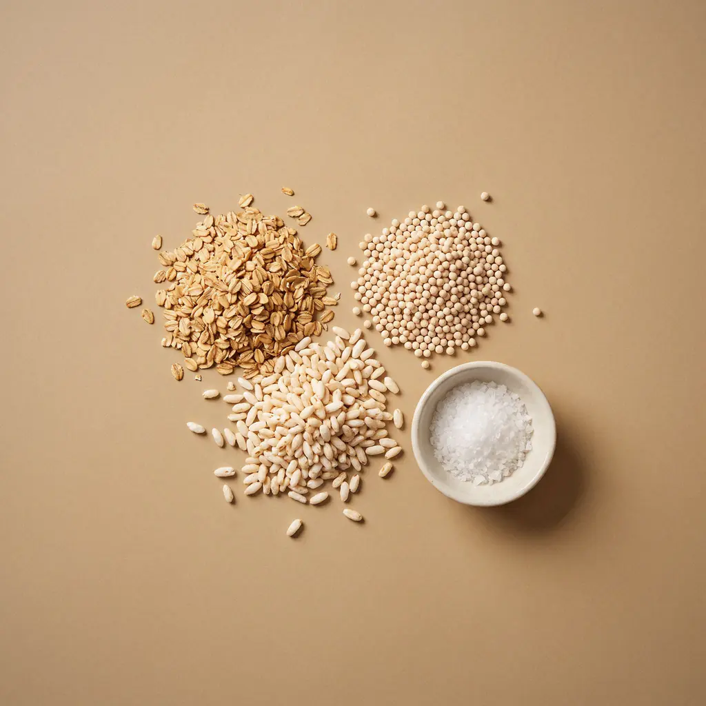 Studio render, close up: toasted rolled oats and coarse sea salt scattered on a neutral studio surface, the grain and seasoning inside the R-01 bar.