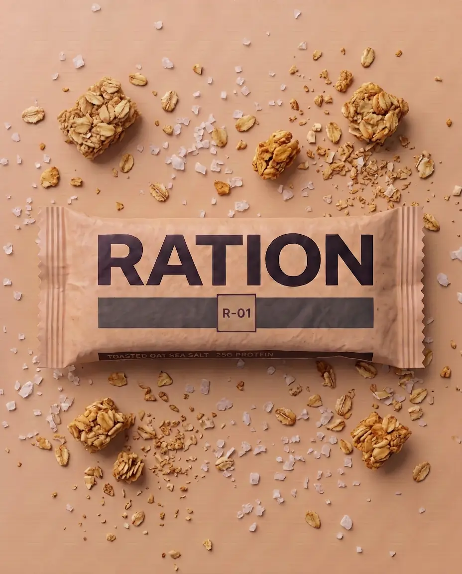 Studio render of the R-01 Toasted Oat · Sea Salt bar peeking out of its torn-open printed wrapper: the flavor band color across the matte-paper pack, imperfect hand-pressed edges and a few crumbs on a neutral studio background.