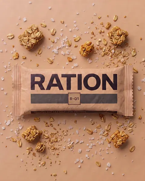 Studio render of the R-01 Toasted Oat · Sea Salt bar in its printed wrapper.