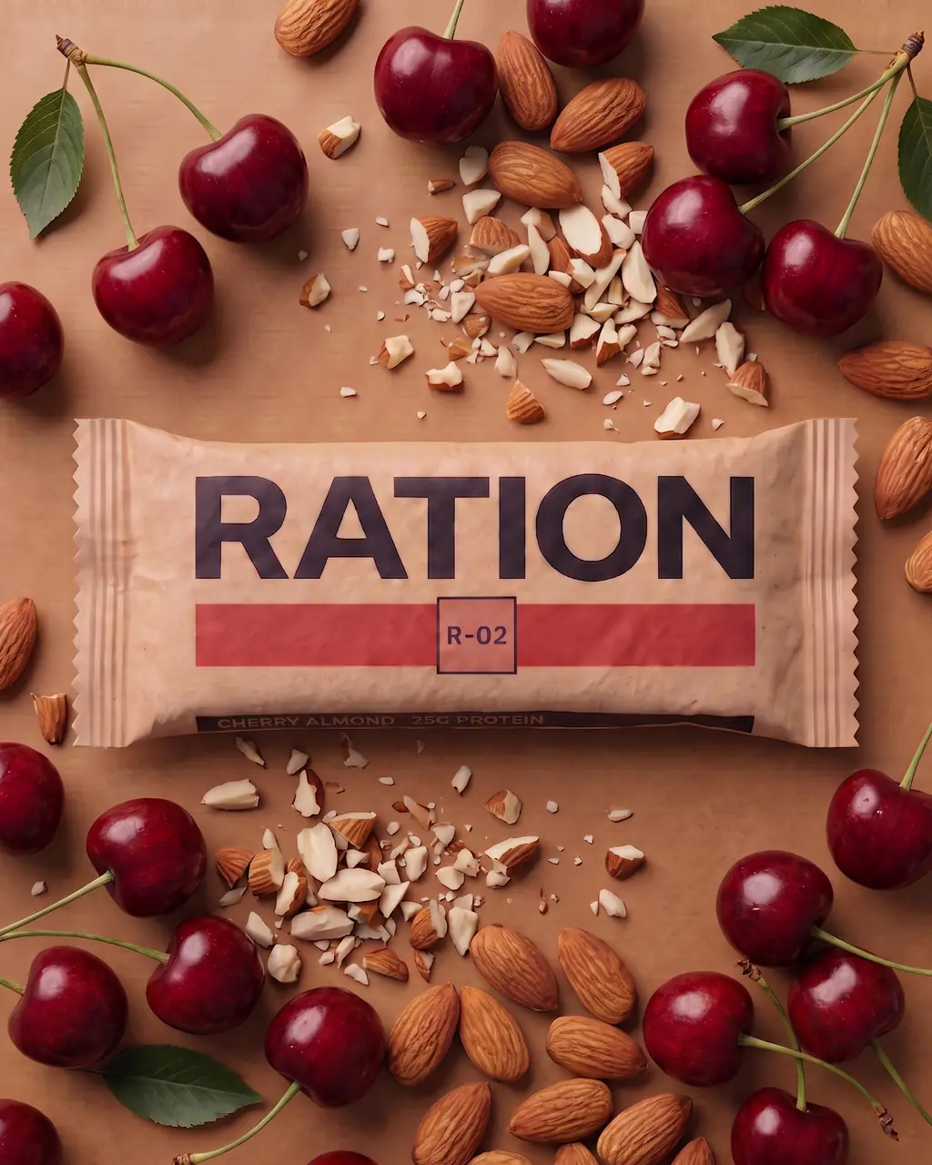 Studio render of the R-02 Tart Cherry · Almond bar peeking out of its torn-open printed wrapper: the flavor band color across the matte-paper pack, imperfect hand-pressed edges and a few crumbs on a neutral studio background.