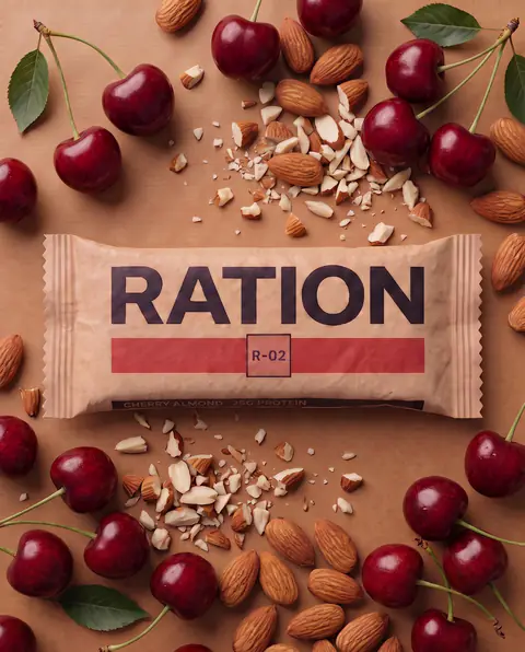 Studio render of the R-02 Tart Cherry · Almond bar in its printed wrapper.