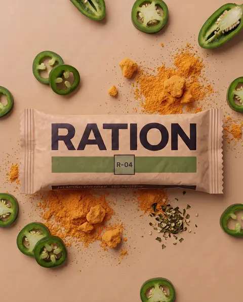Studio render of the R-04 Jalapeno Cheddar bar in its printed wrapper.