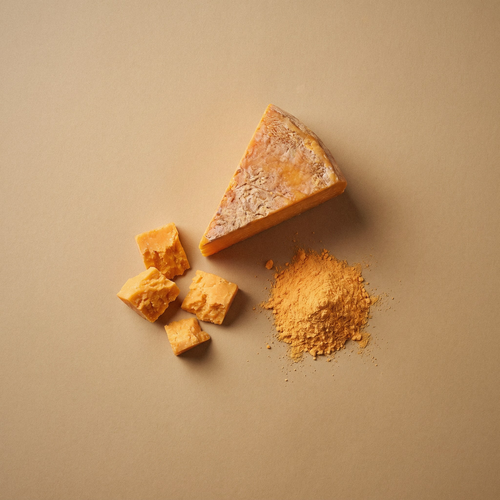 Studio render, close up: a broken wedge of sharp orange cheddar with a dusting of cheddar powder on a neutral studio surface, the cheese behind the R-03 bar.
