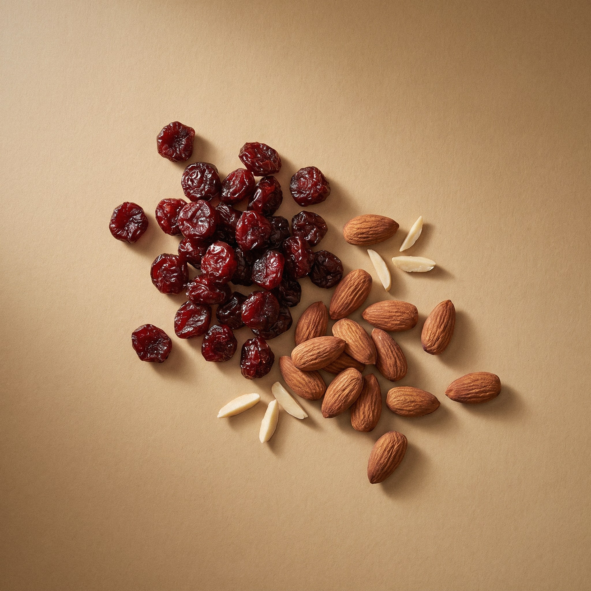 Studio render, close up: dried tart cherries, the R-02 flavor base, on a tan field.