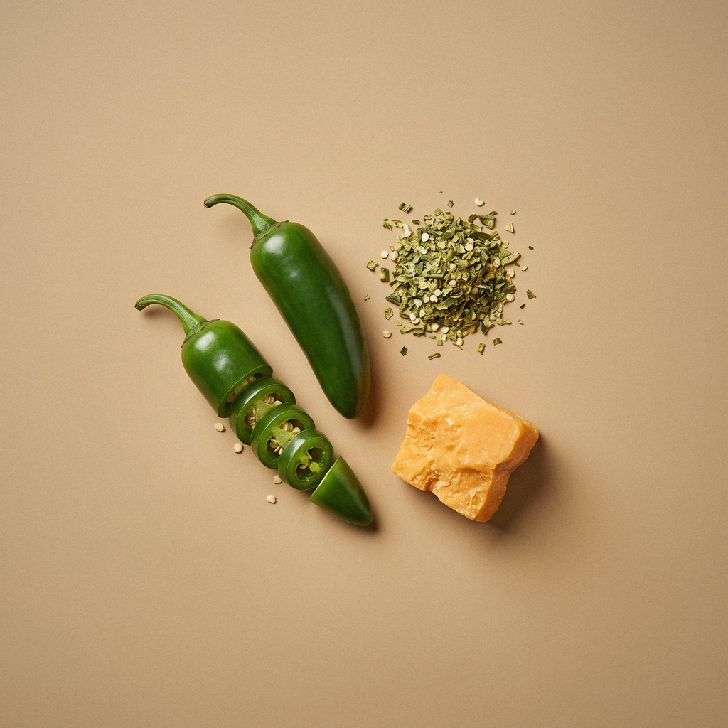 Studio render, close up: fresh jalapeno slices, a wedge of orange cheddar, and a halved lime on a neutral studio surface, the heat, cheese, and citrus inside the R-04 bar.