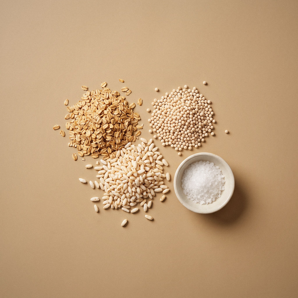 Studio render, close up: toasted rolled oats and coarse sea salt scattered on a neutral studio surface, the grain and seasoning inside the R-01 bar.