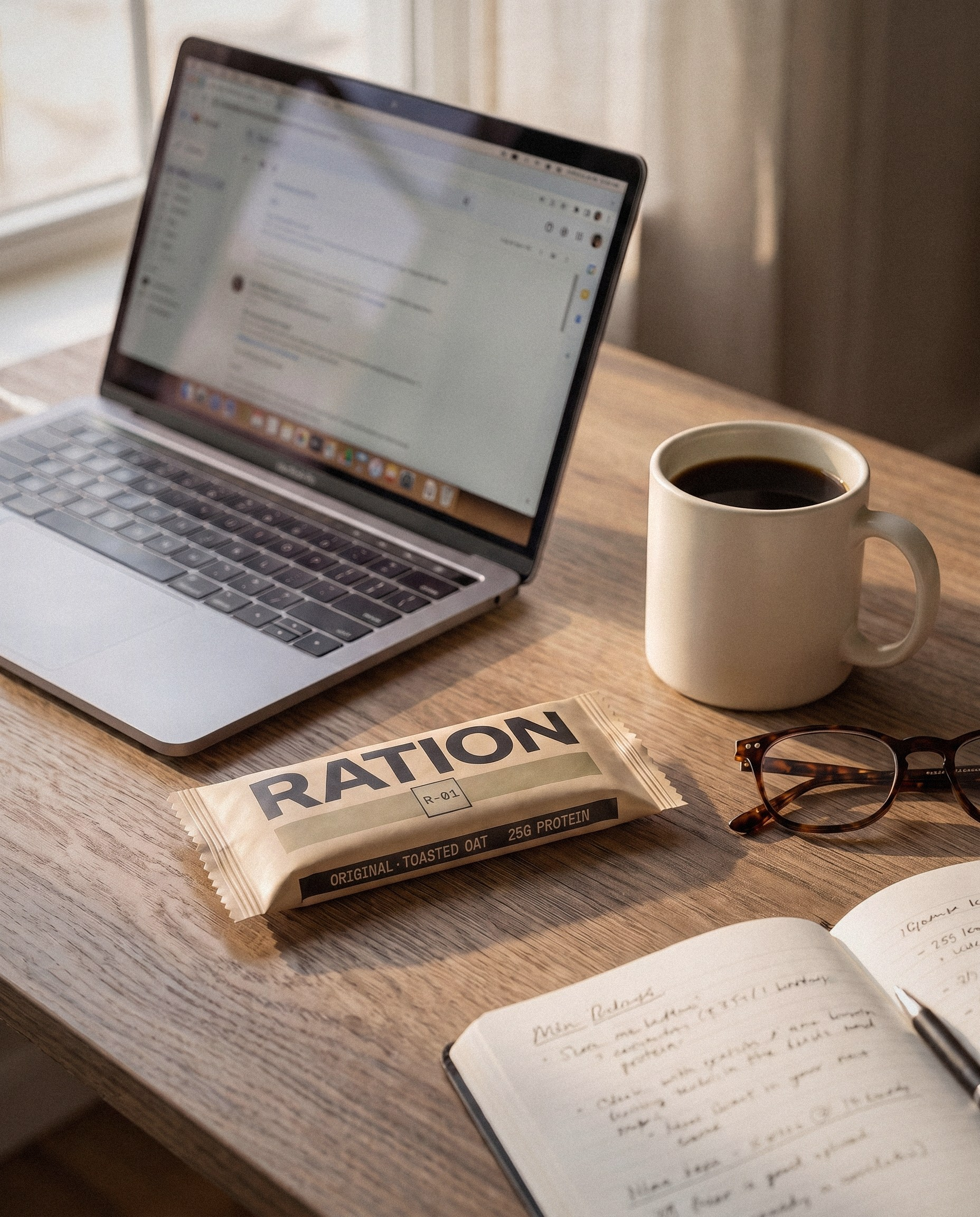 Studio render: a Ration bar in its printed wrapper on a desk beside a black coffee, mid-afternoon.