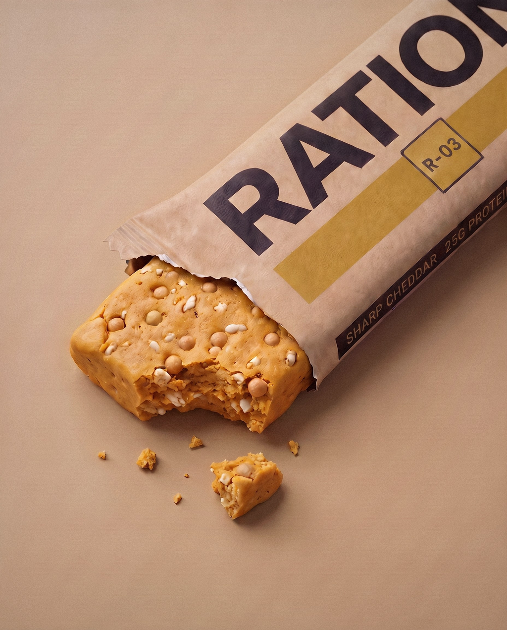 Studio render of the R-03 Sharp Cheddar bar peeking out of its torn-open printed wrapper: the flavor band color across the matte-paper pack, imperfect hand-pressed edges and a few crumbs on a neutral studio background.